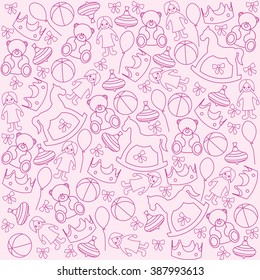 Pink background with cute items for child, for a little girl