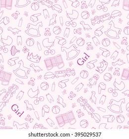  Pink background with cute items for child,  little girl. 