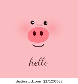 Pink background with cute pig face and hello text. Vector illustration
