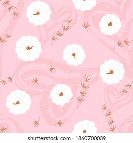Pink background with cute pumpkin and hearts seamless pattern. Template poster for Thanksgiving sale, holiday, card. Vector illustration