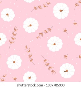 Pink background with cute pumpkin seamless pattern. Template poster for Thanksgiving sale, holiday, card. Vector illustration