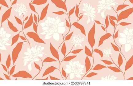 Pink background with dahlia flowers, seamless floral pattern, feminine wallpaper with botanical elements