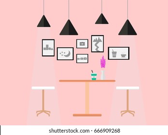 The pink background is decorated with black frame lamp and modern chair. Interior with pastel tone design