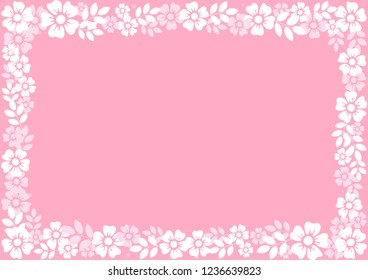 Pink background with decorative frame of white flowers and leaves for decoration, invitation or wedding, poster, valentines day, valentine, lettering or text, advertising, flower shop
