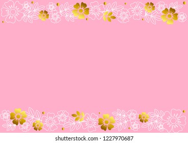 Pink background with decorative stripes align top and below with golden and white outline flowers and leaves for decoration, scrapbooking paper, wedding, invitation, greeting card, text, certificate