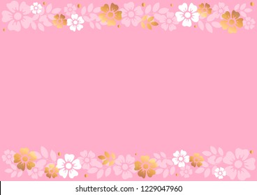 Pink background with decorative stripes align top and below with golden and white flowers and leaves for decoration, scrapbooking paper, wedding, invitation, greeting card, text, certificate