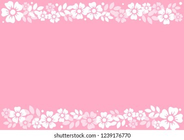 Pink background with decorative stripes align top and below of white flowers and leaves for decoration, scrapbooking paper, wedding, invitation, greeting card, text, certificate, mothers day, holiday