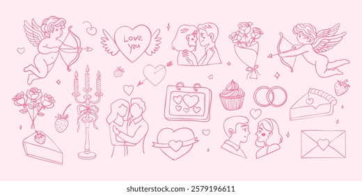 A pink background with a lot of different drawings of people and objects. The drawings include a man and woman hugging, a man and woman kissing, a man and woman holding hands, a man and woman kissing