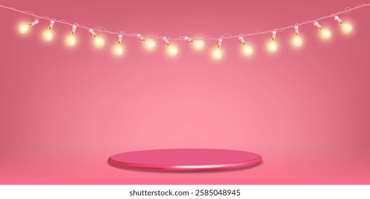 Pink background with display platform and glowing garland. Festive background for Valentine's Day, wedding or Mother's Day