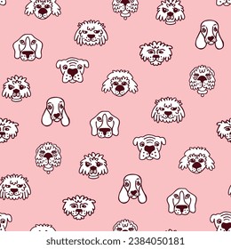 Pink background with dog faces. Animals seamless pattern. Cute cartoon print for fabrics of dog clothing, veterinary textiles, products for your beloved pets. Canine ornament in doodle style by hand. 
