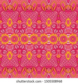 Pink background doodle graphic modern pattern. Tribal indian flower ethnic seamless design. Festive colorful mandala pattern ornament