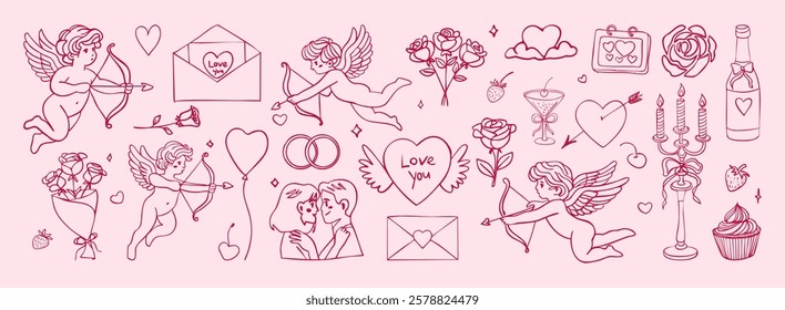 A pink background with a lot of drawings of angels and hearts. The drawings include a couple kissing, a man with a bow and arrow, and a woman with a cupcake. Scene is romantic and playful