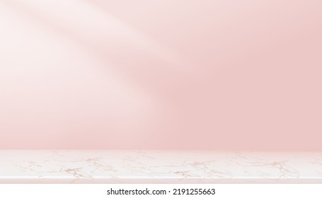 Habitación vacía de fondo rosa, pantalla de estudio 3D con estante.Salón de galería rosa pastel con espacio para copiar,Diseño minimalista de lujo para filmación de fondo para cosméticos, Spa o invierno,Promoción de venta de Año Nuevo 