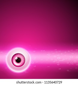Pink background with eye and binary code.