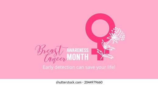 Pink background with female sign. Breast cancer awareness month lettering. Poster for october healthcare campaign