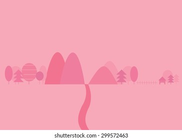 pink background flat style with mountain ,tree,christmas tree,house,fence and way for background , card , web decoration,add text or photo ,vector