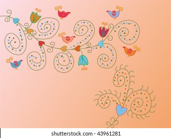 Pink background with flowers and birds