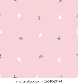 Pink background with flowers. Seamless pattern with white and green flower, leaves. Template for wrapping paper, textiles, cover art,Wallpaper, etc.