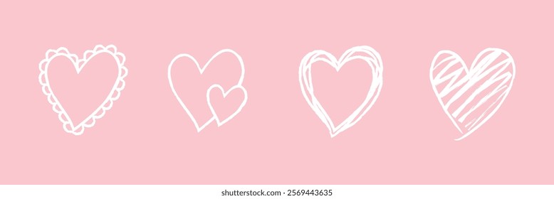 Pink background with four white heart designs. Hearts are sketched, doodled, and outlined. Hearts on pink, hearts in white, heart shapes in a row. Cute hand drawn love doodle, element set. Vectors.
