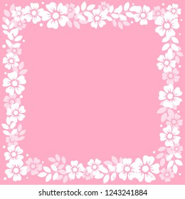 Pink background with frame of white flowers and leaves for decoration, invitation or wedding.