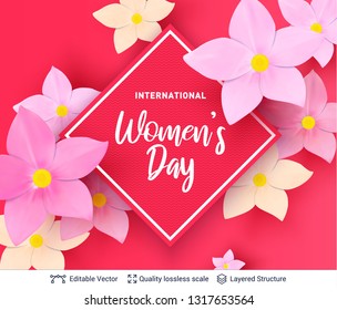 Pink background with framed holiday text and flowers. 8 of March Women's Day card or banner template.