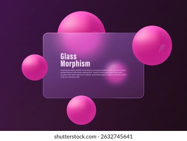 Pink background in glass morphism style with glowing spheres on dark purple background.