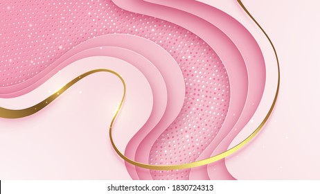 Fondo rosa con líneas doradas brillantes, fondo de lujo, concepto moderno. Ilustración de vector sobre diseño deluxe de plantilla moderna.