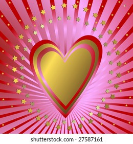 Pink  background with gold heart, red beams and stars (vector)