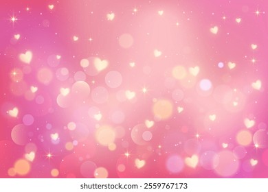 Pink background with golden hearts and bokeh. Cute pattern of lovely glitter and sparkles. Pastel color gradation backdrop for Valentine day card design. Vector purple magic wallpaper