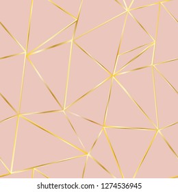 Pink background with golden lines. Abstract geometric shapes. Low poly pattern. Nezhdny. Suitable for romantic design.