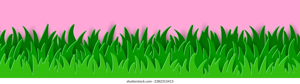 Pink background with green grass field. Papa cut design. Banner. Vector illustration  