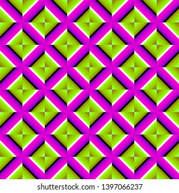 Pink background with green squares. Spin illusion. Seamless pattern.