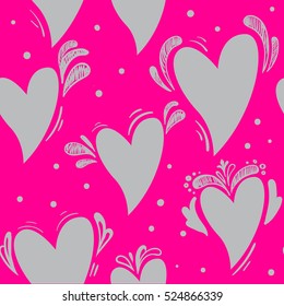 Pink background with grey hearts, whorl and dots. Funny Girlish repeated Valentines day backdrop. Abstract seamless pattern for girls, fashion clothes, t shirts, paper, wallpaper, teenagers. 