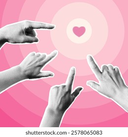 Pink background with halftone hands pointing fingers to heart. Trendy Valentine`s banner template. 