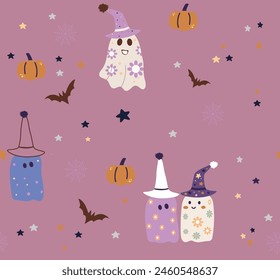 Pink background Halloween seamless pattern. Vector illustration. Surface pattern design. Ghost, Witch Hat, Carved Pumpkin Smiley Face, Spider Web, Spider