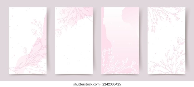 Fondo rosa con elementos florales dibujados a mano en estilo de arte lineal. Marco floral. Banner vector editable para publicación en medios sociales, tarjeta, portada, invitación a la boda,
afiche, aplicaciones móviles, anuncios web