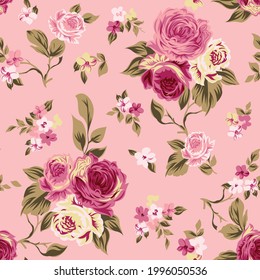  pink background. Hand drawn leaf and flower texture. Seamless floral pattern