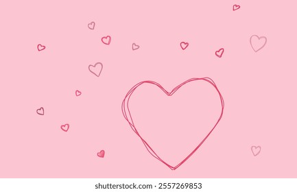 Pink background with hand-drawn hearts scattered across the image. A large sketched heart takes the center stage, surrounded by smaller, lightly shaded hearts. This minimalist design exudes a playful 