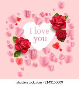 Pink background with heart shapes and roses. An invitation for a wedding or a date, anniversary or holiday. I love you inscription. Greeting card with place for text.