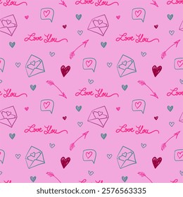 A pink background with hearts and arrows and the words love you written in pink