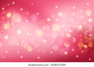 Pink background with hearts and bokeh. Cute lovely pattern with glitter and sparkles. Red color gradation backdrop for Valentine Day design. Magic dreamy romantic sky with soft blurred light.