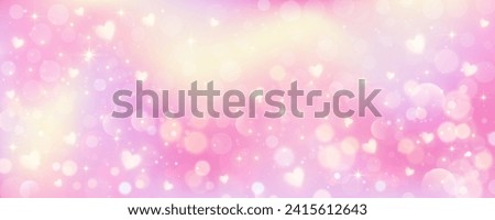Pink background with hearts. Cute pastel unicorn wallpaper with stars and glitter. Dreamy fantasy gradient galaxy. Abstract vector template. Girly design for Valentine day backdrop