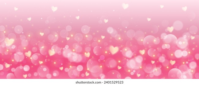 Pink background with hearts. Lovely pastel gradient with glitter bokeh and stars. Valentine day wallpaper. Fantasy romantic vector sky