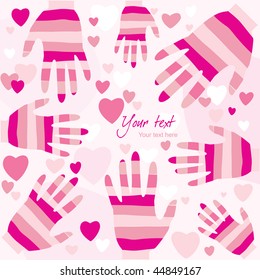Pink background with hearts and striped gloves