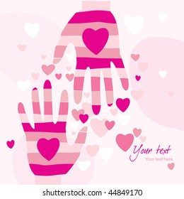Pink background with hearts and striped gloves