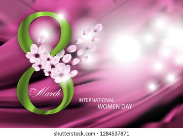 Pink Background for Holiday March 8 International Women's Day with flowers, petals and green Digit eight. Vector Illustration.