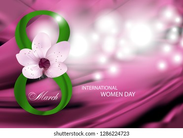 Pink Background for Holiday March 8 International Women's Day with flower and green Digit eight. Vector Illustration.