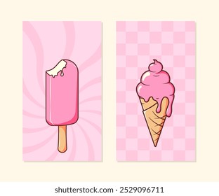 Fundo rosa com sorvete e espaço de cópia para texto. Banners vetor retro para promoções de sobremesa, publicidade nas mídias sociais e publicidade de verão