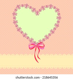 Pink background with lace ribbon, a pattern of small circles and the heart-shaped paper floral  frame 