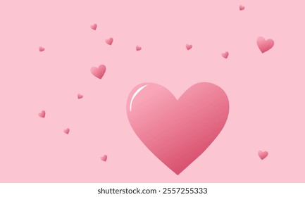 Pink background with a large glossy heart in the center surrounded by smaller floating hearts. A simple and elegant design perfect for Valentine's Day, love-themed projects, or romantic decorations